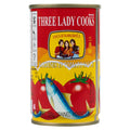 Can of 'Three Lady Cooks' sardines in tomato sauce on a white background