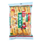 Packaged rice crackers with a cartoon character on a white background