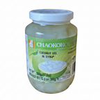 Jar of Chaokoko coconut gel in syrup on a white background