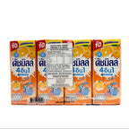 Four boxes of 4D milk orange flavor on a white background