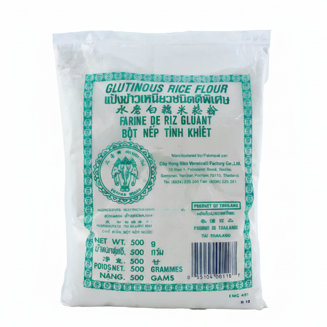 Packaging of glutinous rice flour with green label on a white background