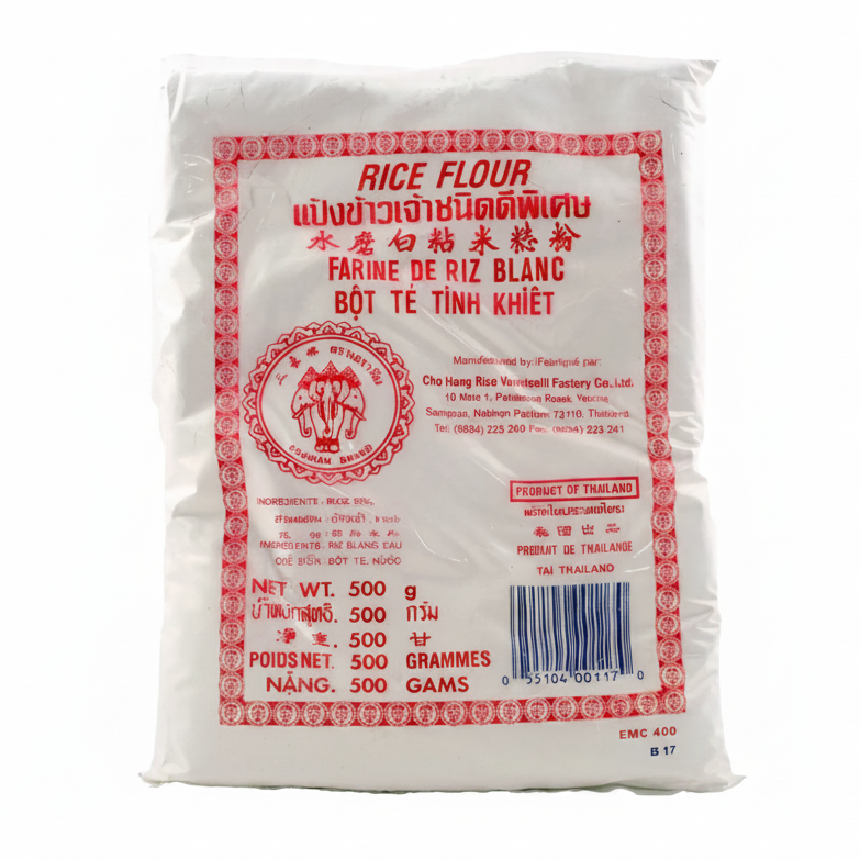 Bag of rice flour with red and white label on a white background