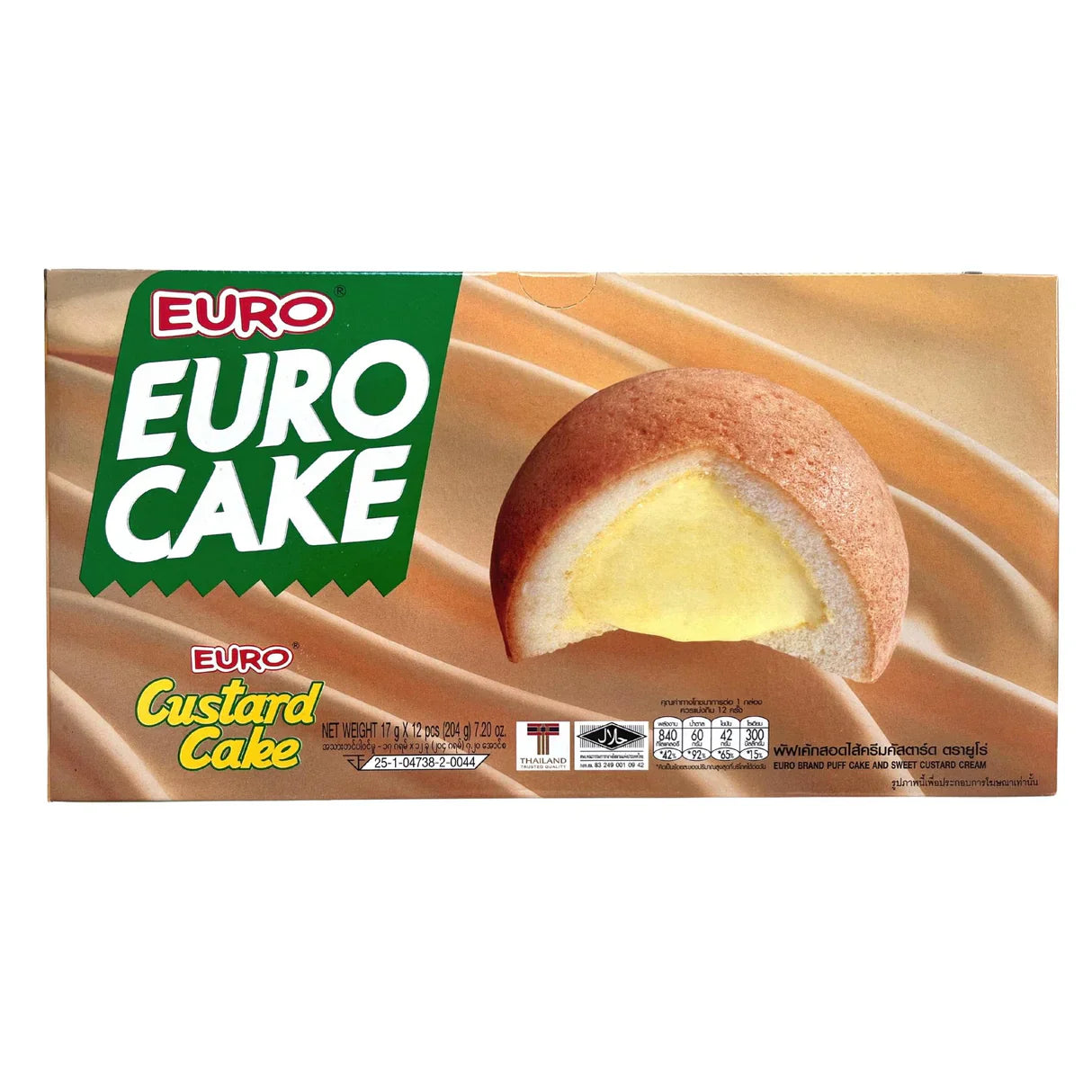 Box of Euro Custard Cake with a visible slice showing custard filling.
