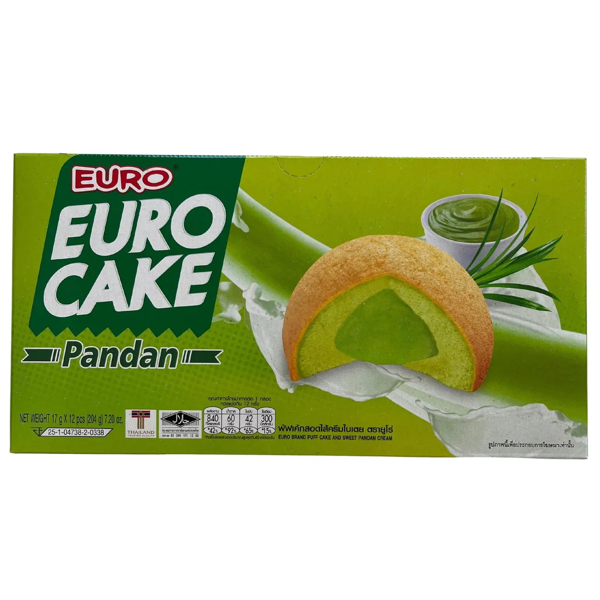 Euro Cake Pandan packaging with a green background