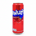 Red can with white and blue text on a white background