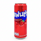 Red can with white and blue text on a white background