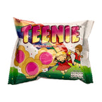 Colorful packaging of Teenie strawberry-flavored candy on a beige background