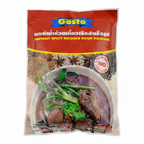 Gosto instant spicy noodle soup powder package with a bowl of noodles and ingredients on a white background