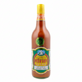 Bottle of hot sauce with a colorful label on a white background