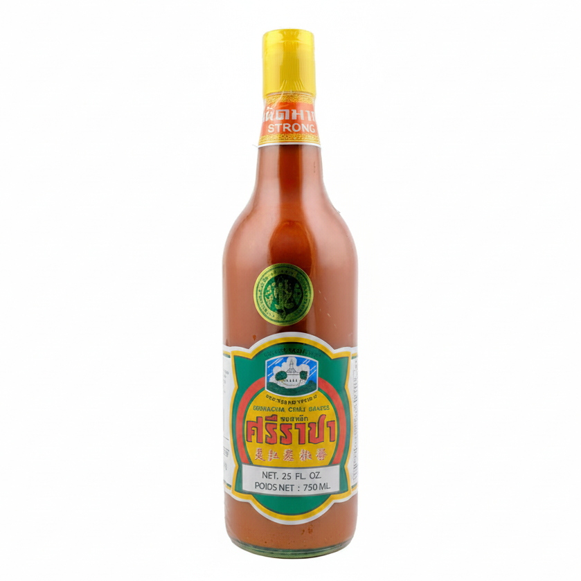 Bottle of hot sauce with a colorful label on a white background