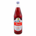Red bottle with a label featuring a cartoon character on a white background