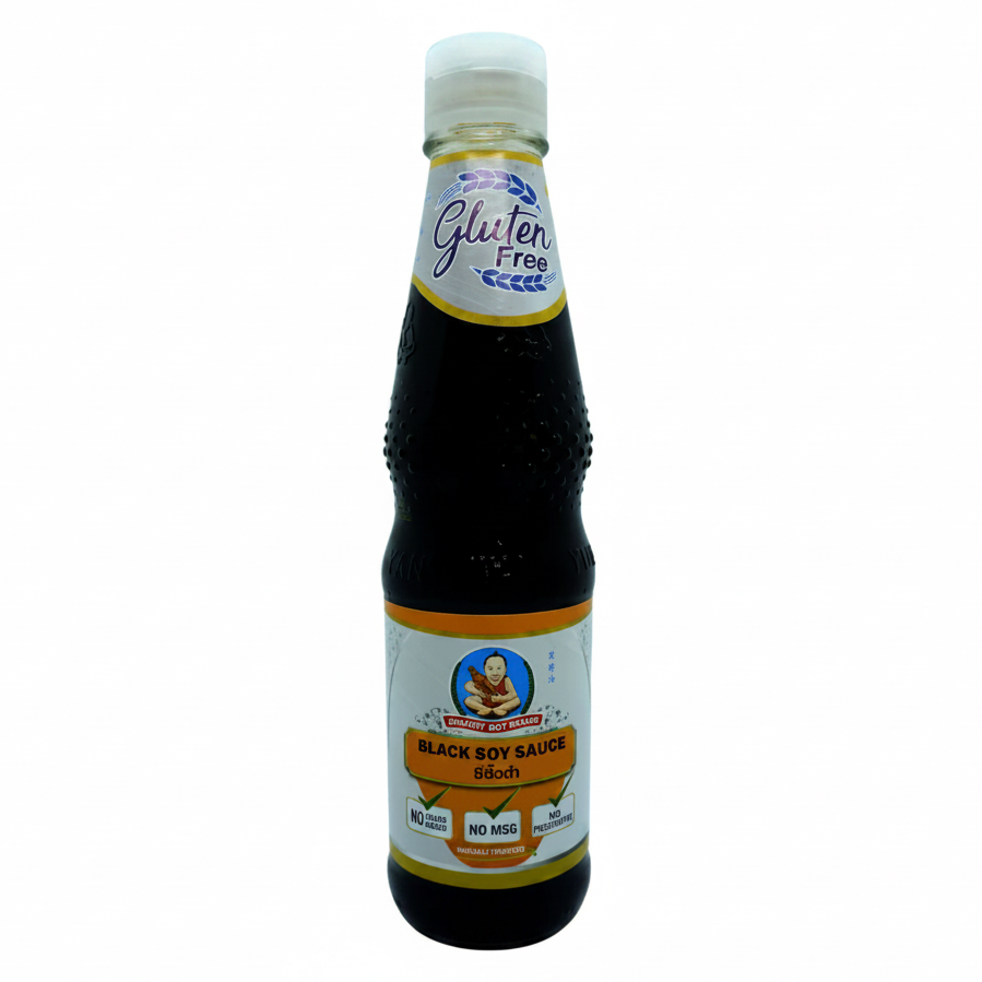 Bottle of black soy sauce with a label indicating it is gluten-free on a white background.
