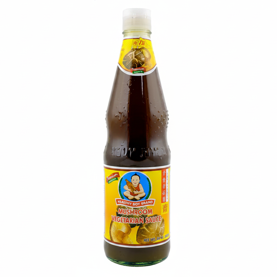 Bottle of mushroom vegetarian sauce with a yellow label on a white background