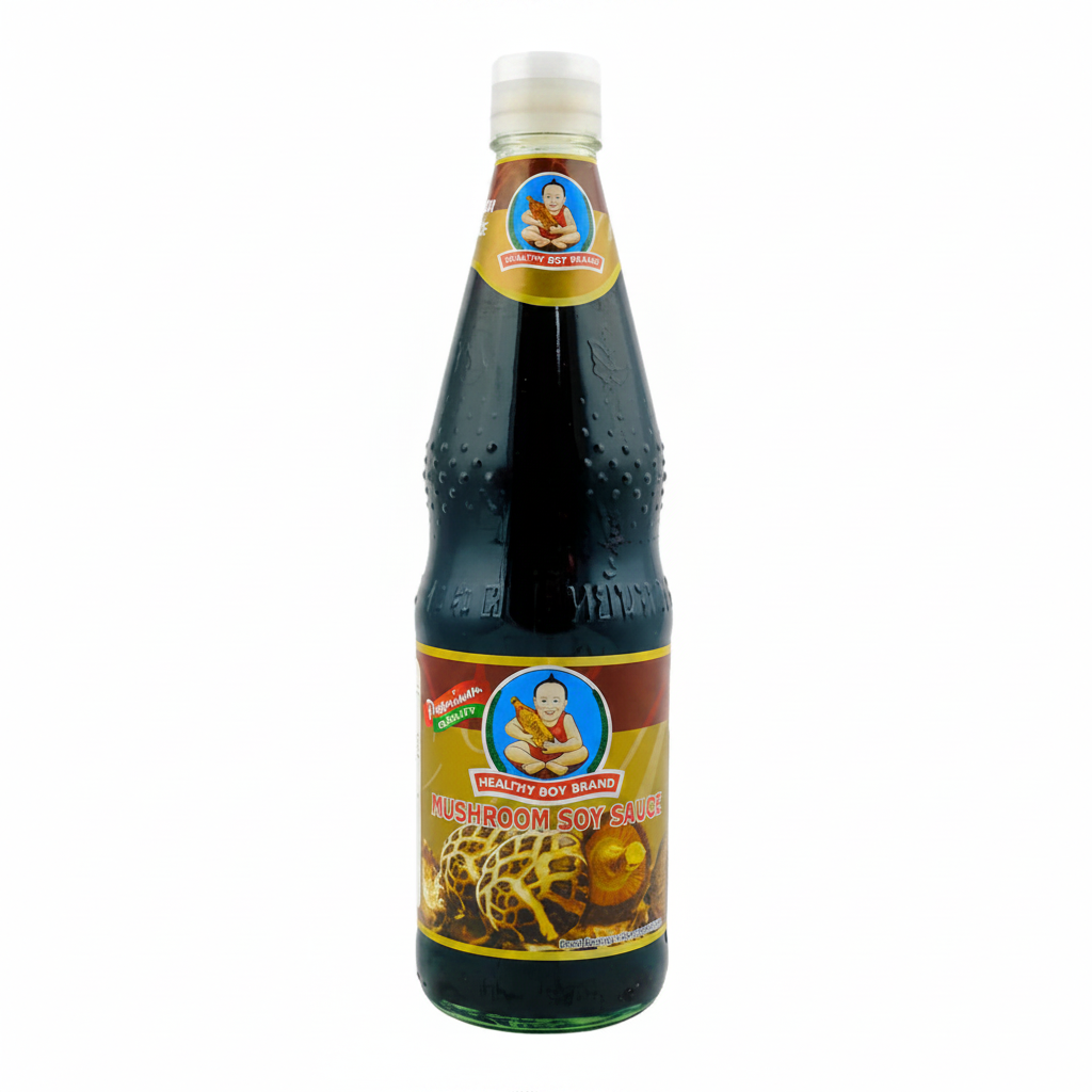 Bottle of mushroom soy sauce with a white background