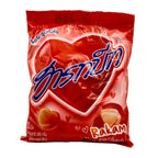 Red candy bag with heart design and brand name on a white background