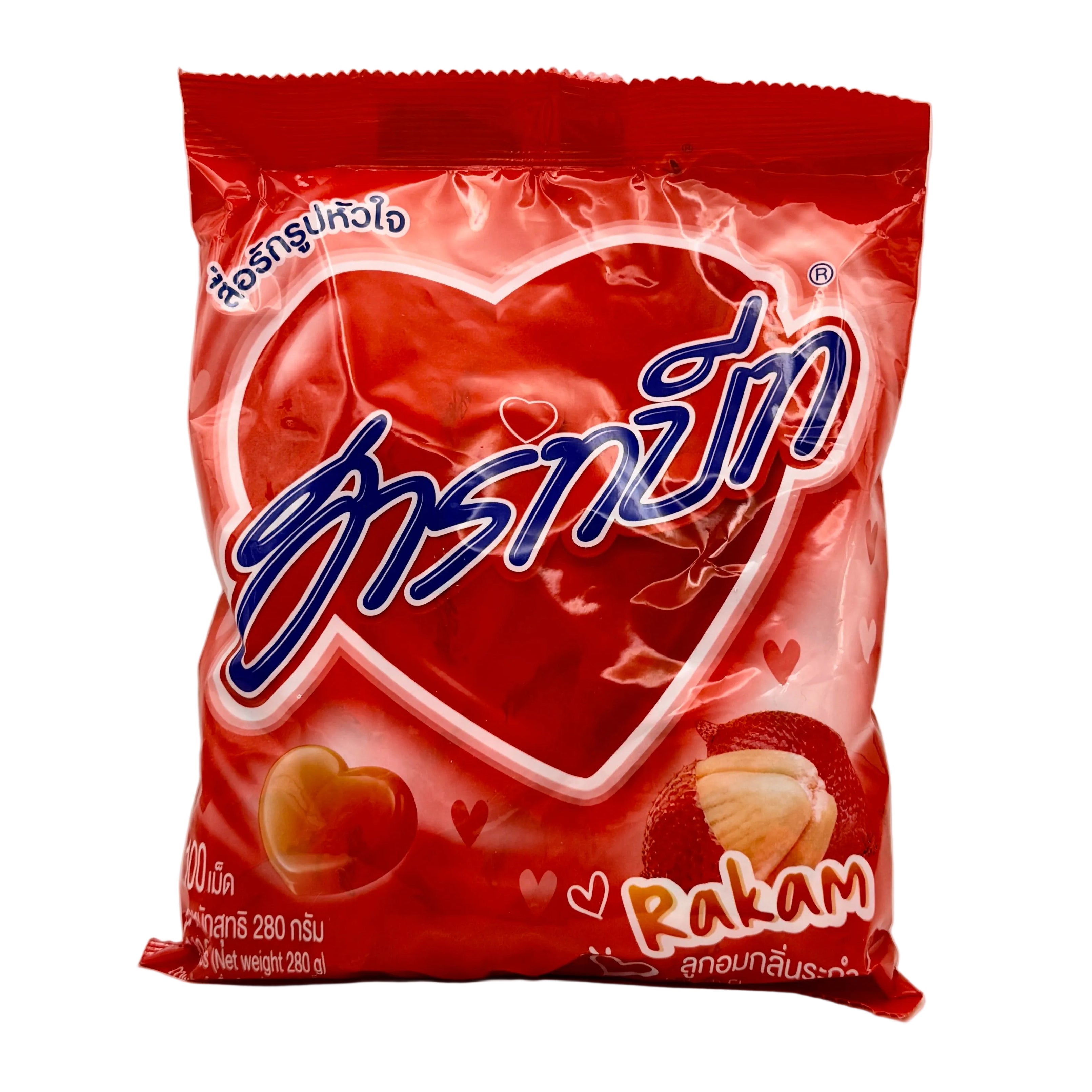 Red candy bag with heart design and brand name on a white background