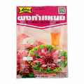 Lobo nam powder seasoning mix packaging with a floral arrangement and beer glass on a pink background