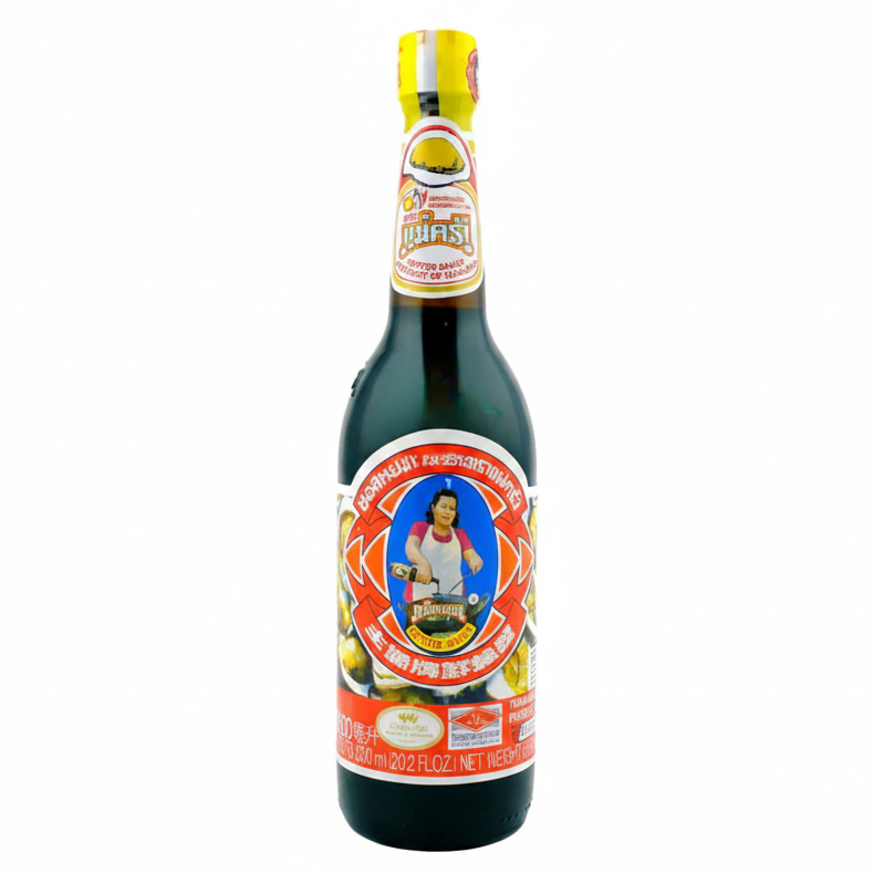 Bottle of sauce with a colorful label on a white background