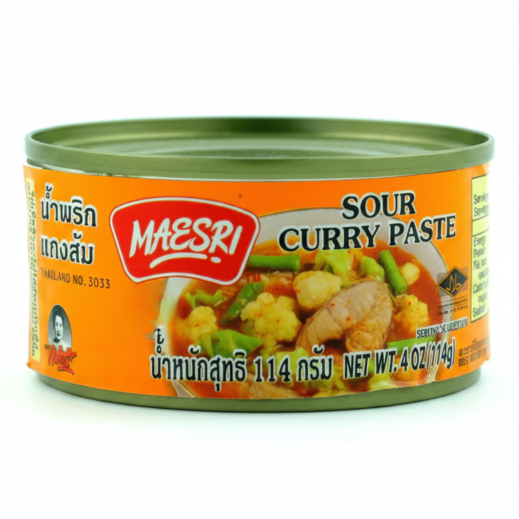 Can of Maesri Sour Curry Paste with an orange label and green lid.