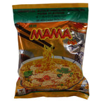Mama noodles packaging with noodles and ingredients on a white background