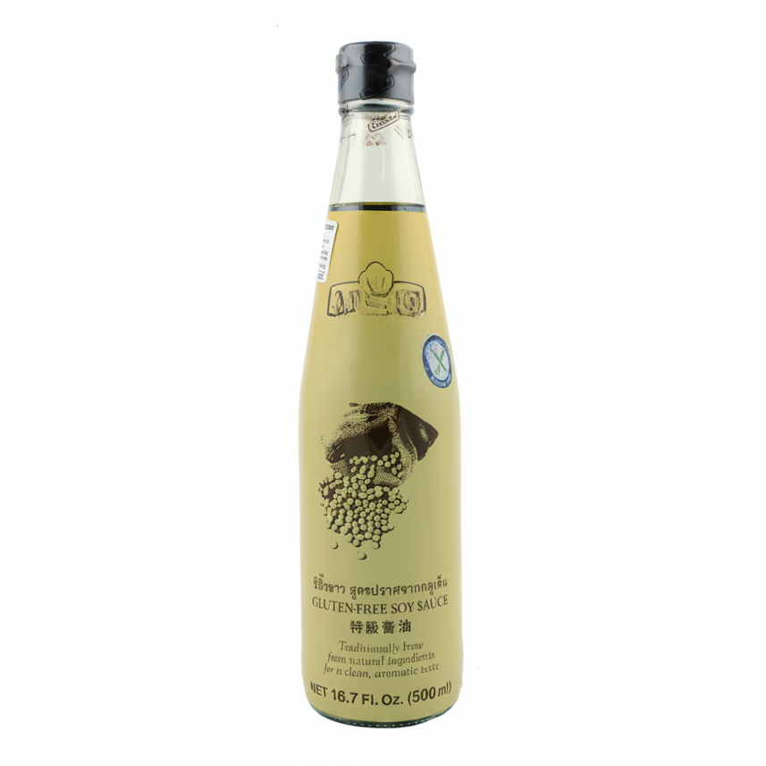 Bottle of gluten-free soy sauce on a white background
