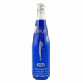 Blue bottle with a label on a white background