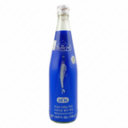 Blue bottle with a label on a white background