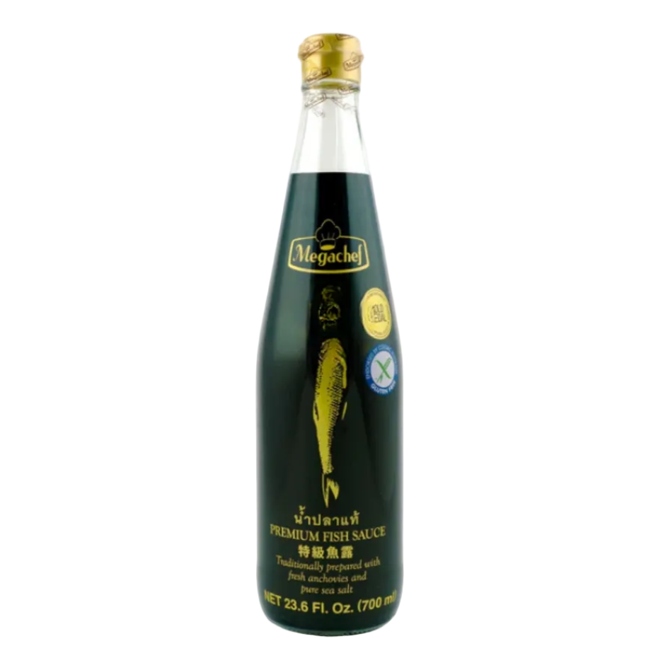 Bottle of Megachef premium fish sauce on a white background