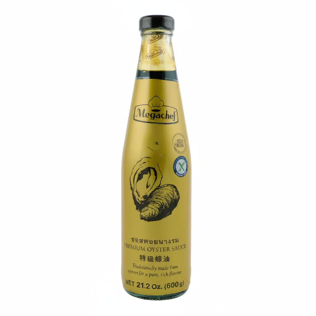 Bottle of Megachef oyster sauce on a white background
