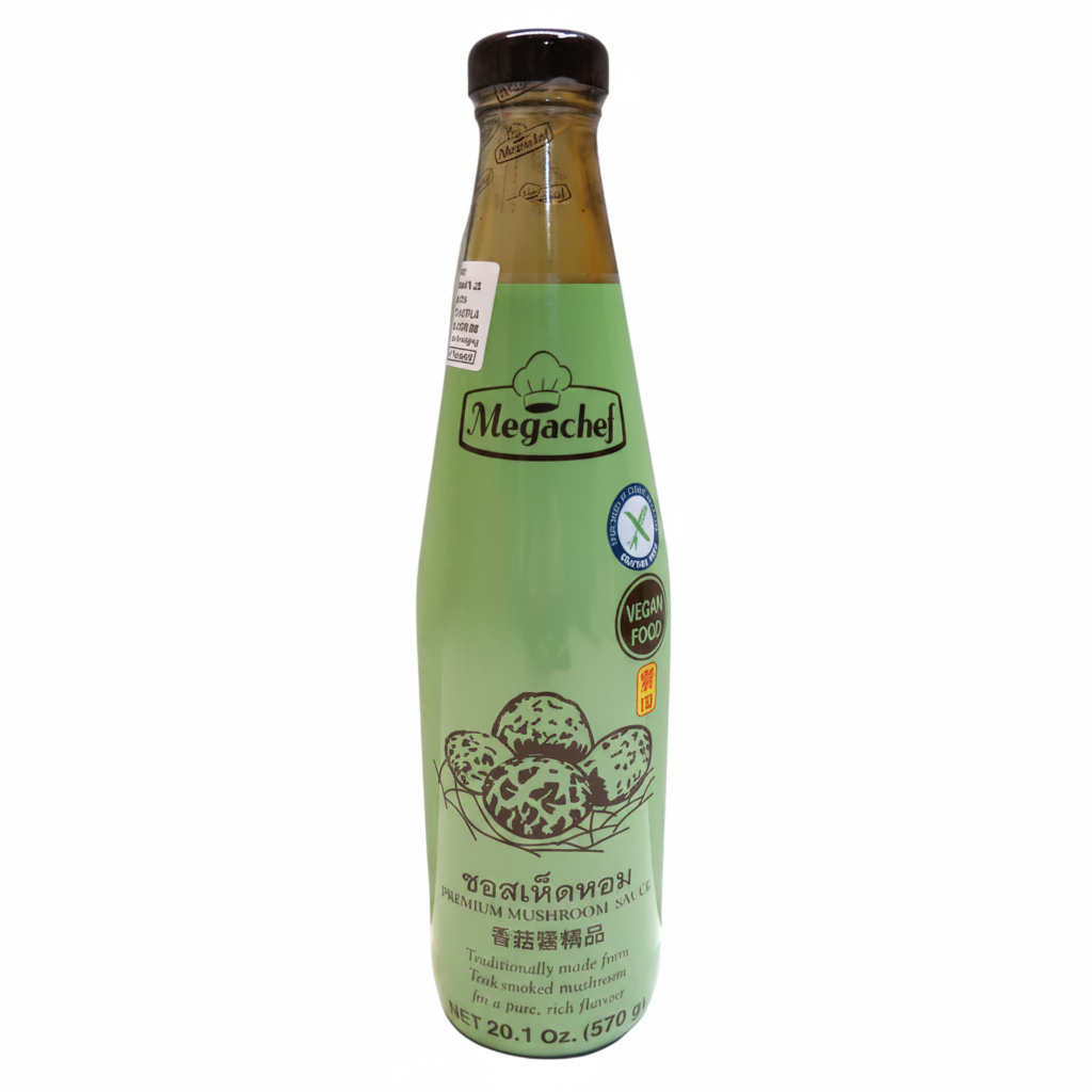 Green bottle with black cap labeled 'Megachef' on a white background