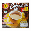 Box of Coffee Plus with a yellow cup on a white background