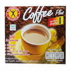 Box of Coffee Plus with a yellow cup on a white background