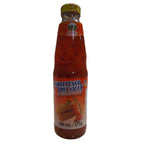 Bottle of sweetened chili sauce on a white background