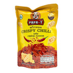 Yellow package of Papa-T Crispy Chilli Cheese Flavor on a white background