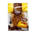 Packaged dried mango strips with a clear window on a white background