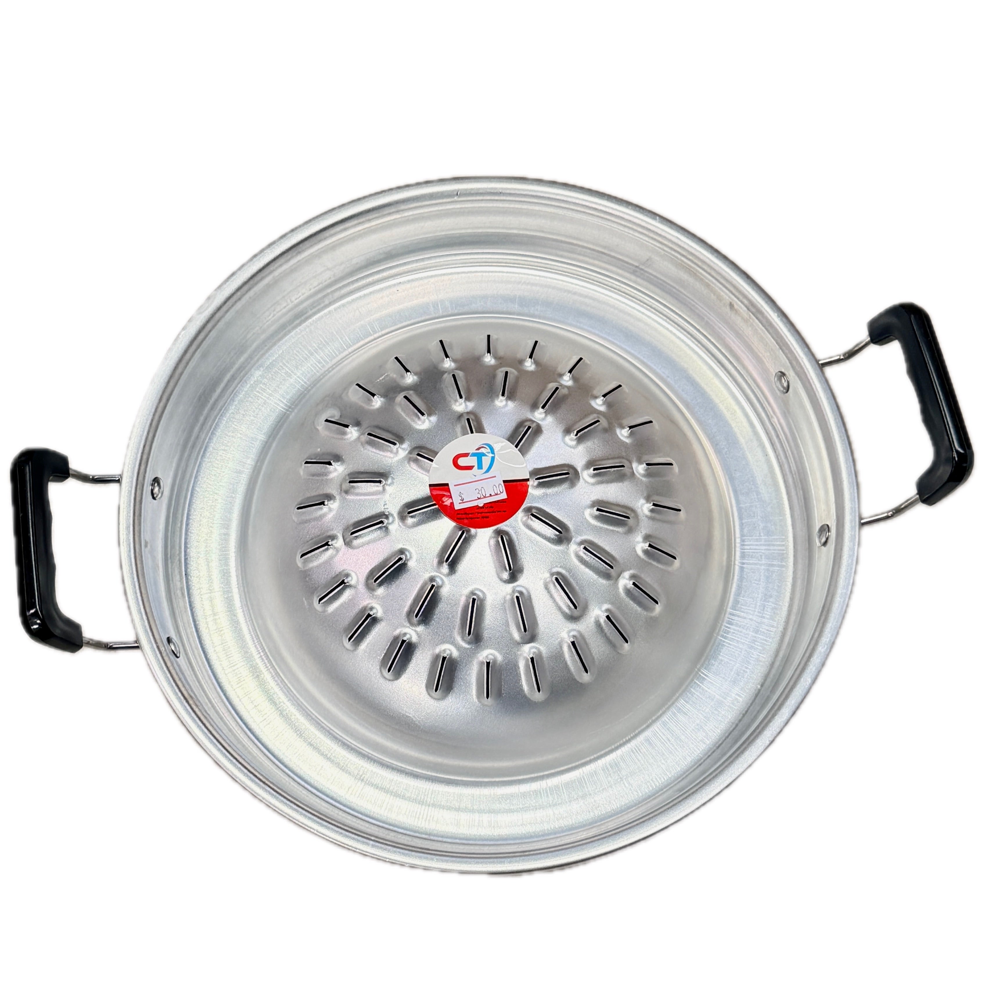 Large round aluminium steamer tray with perforated slots and dual black grip handles top view