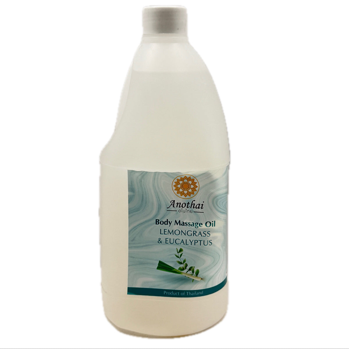 Bottle of Anothai body massage oil with lemongrass and eucalyptus on a white background