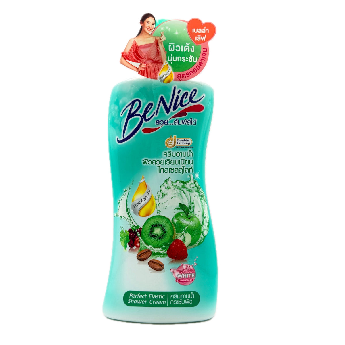 Be Nice Perfect Elastic Shower Cream 400ml nano white collagen front teal green bottle