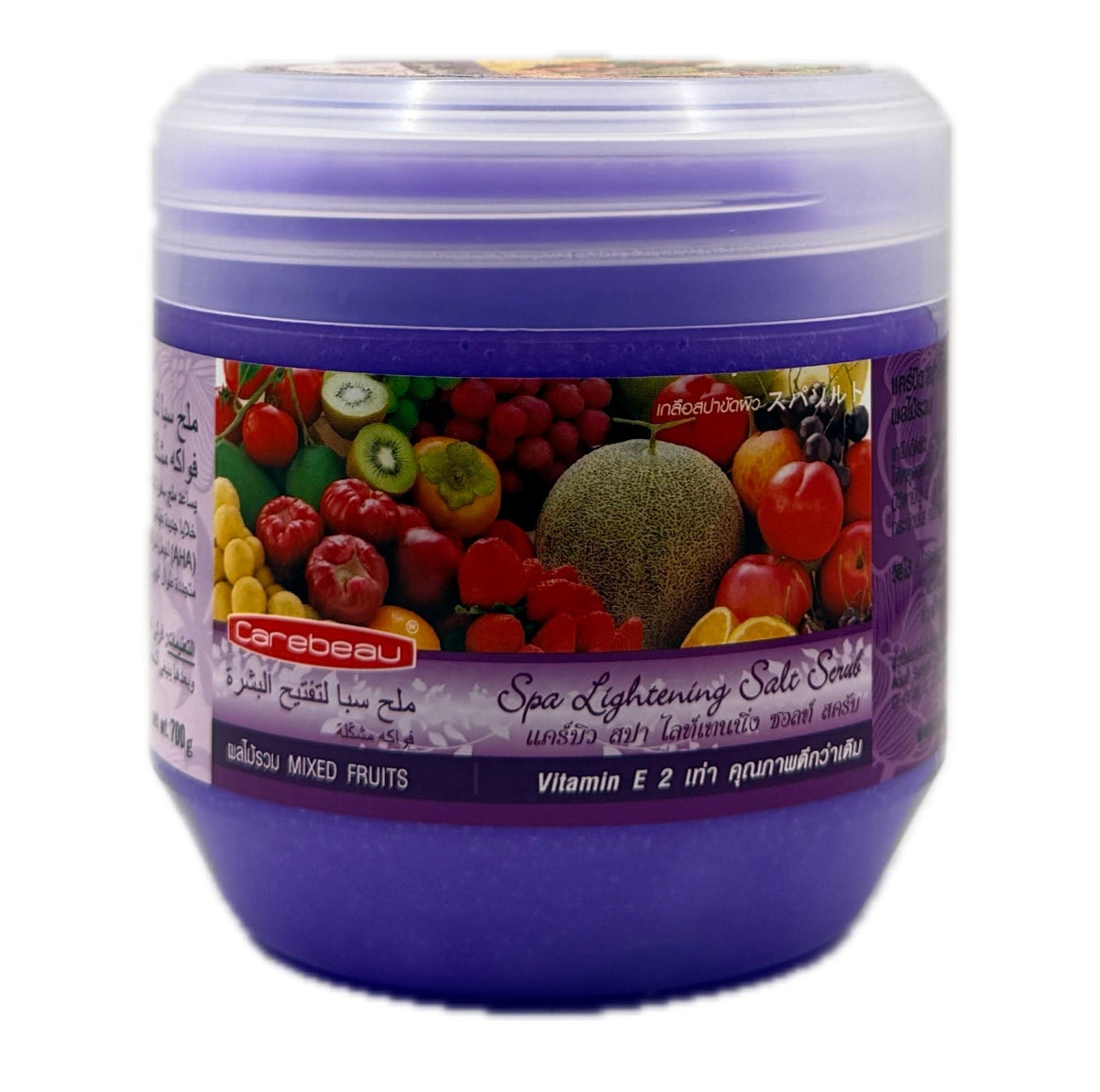Carebeau Spa Lightening Salt Scrub Mixed Fruits 700g purple jar front view