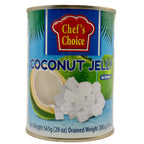 Chef's Choice Coconut Jelly in Syrup 565g blue can with coconut illustration and white jelly cubes