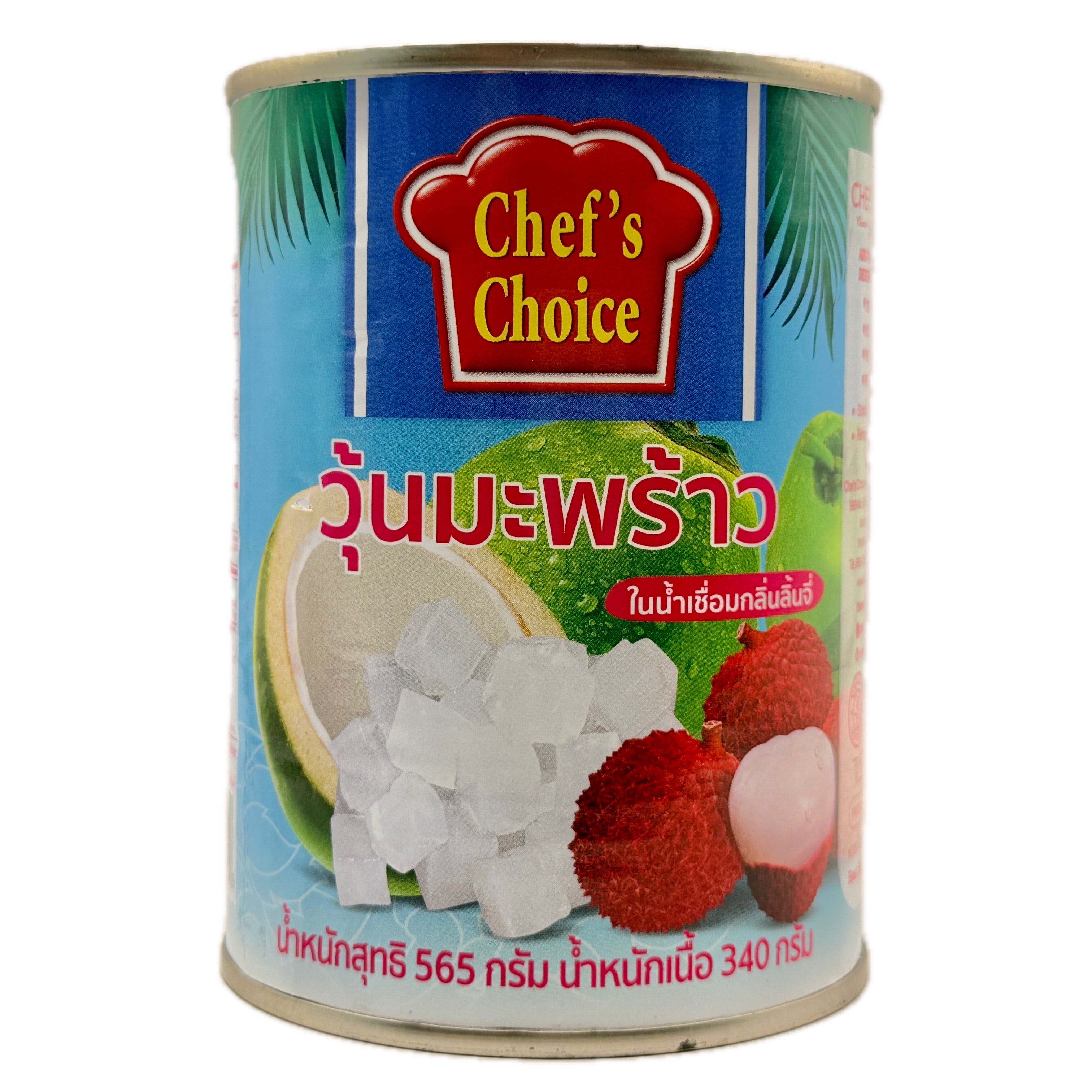 Chef's Choice Coconut Jelly in Lychee Syrup 565g blue can with lychee and coconut imagery