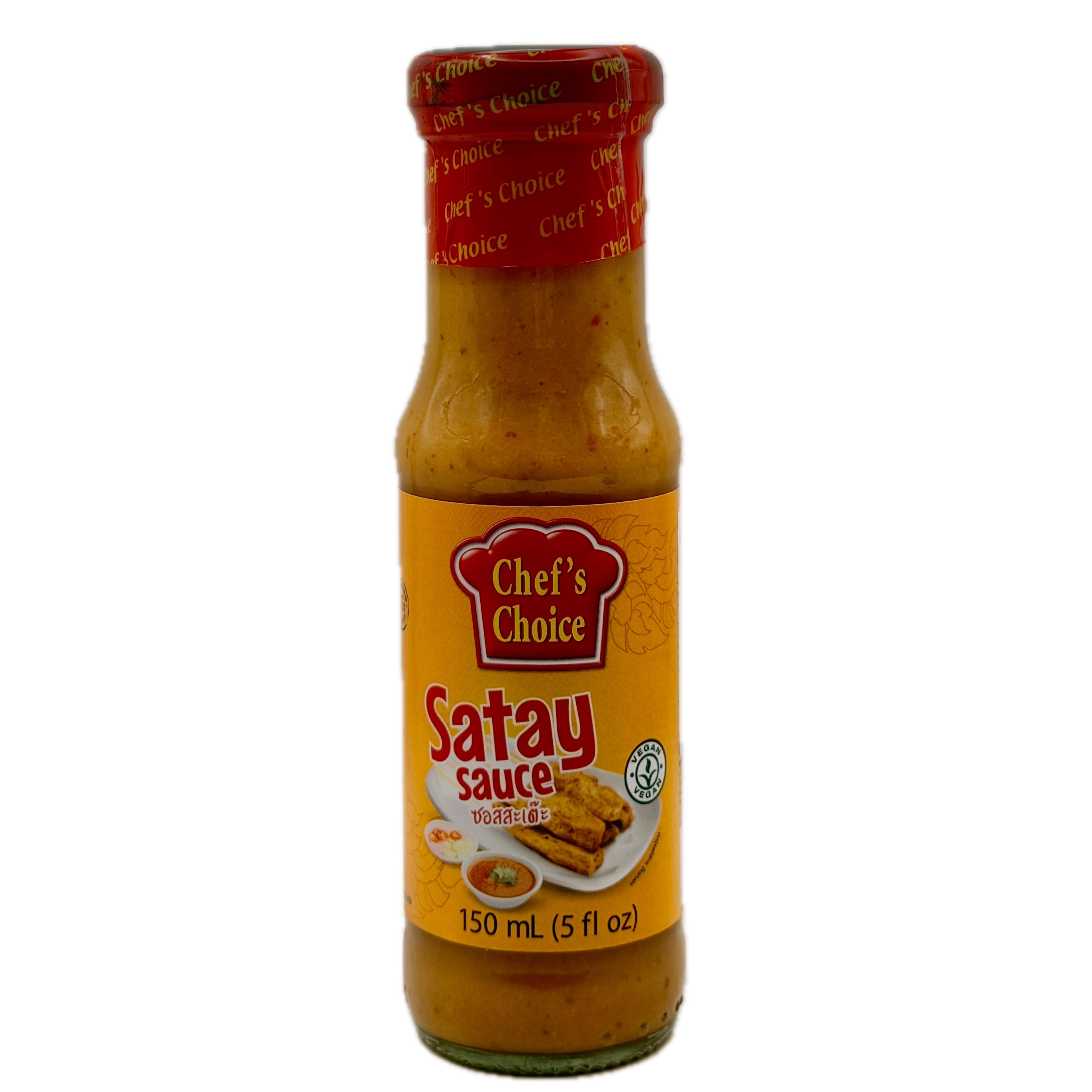 Chef's Choice satay sauce vegan 150ml glass bottle front label