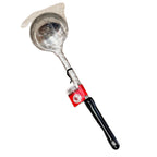 Stainless steel Chinese soup ladle with black bakelite handle and Rooster Brand red label tag in plastic wrap
