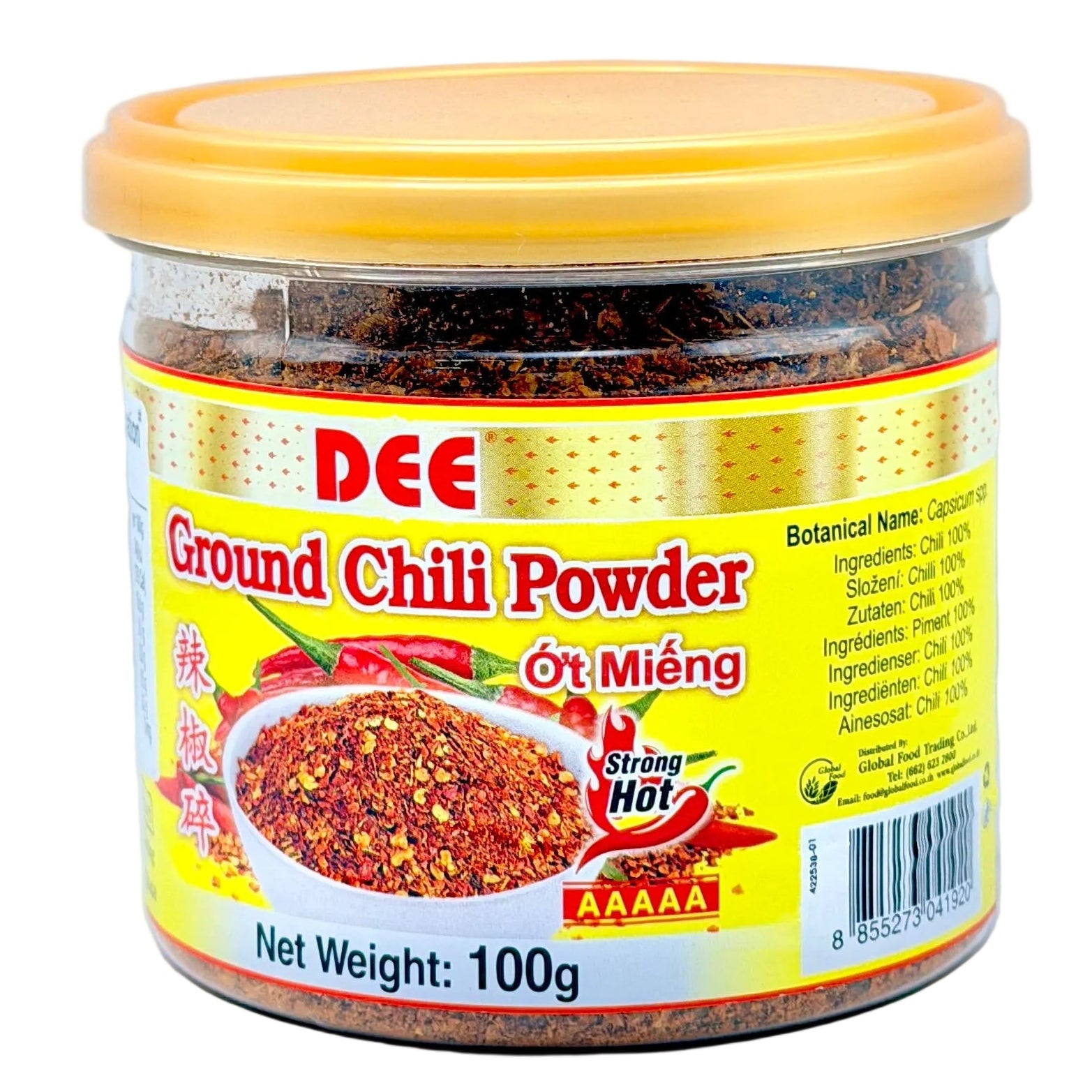 Jar of Dee Ground Chilli Powder on a white background
