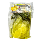 Packaged pickled mustard on a white background