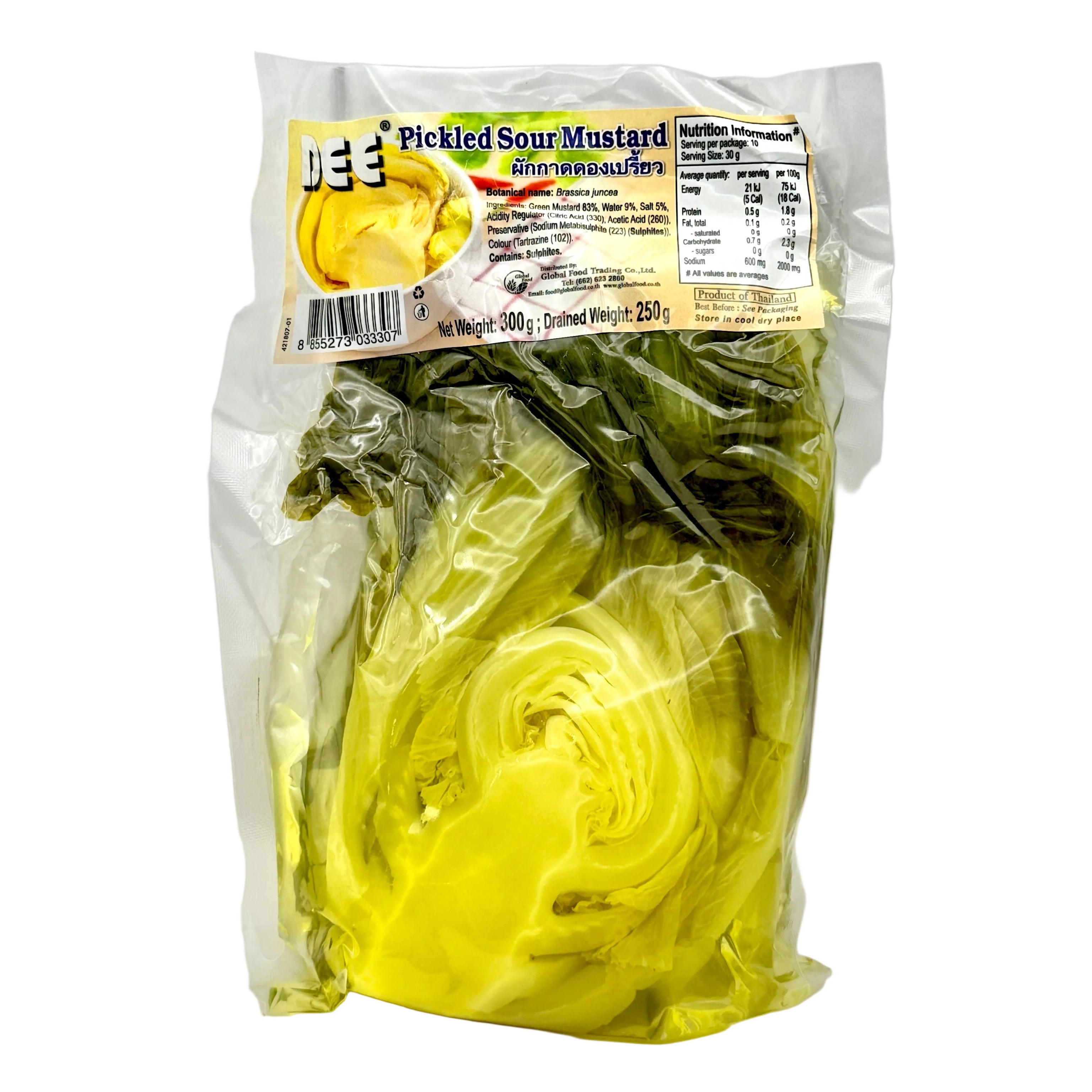Packaged pickled mustard on a white background