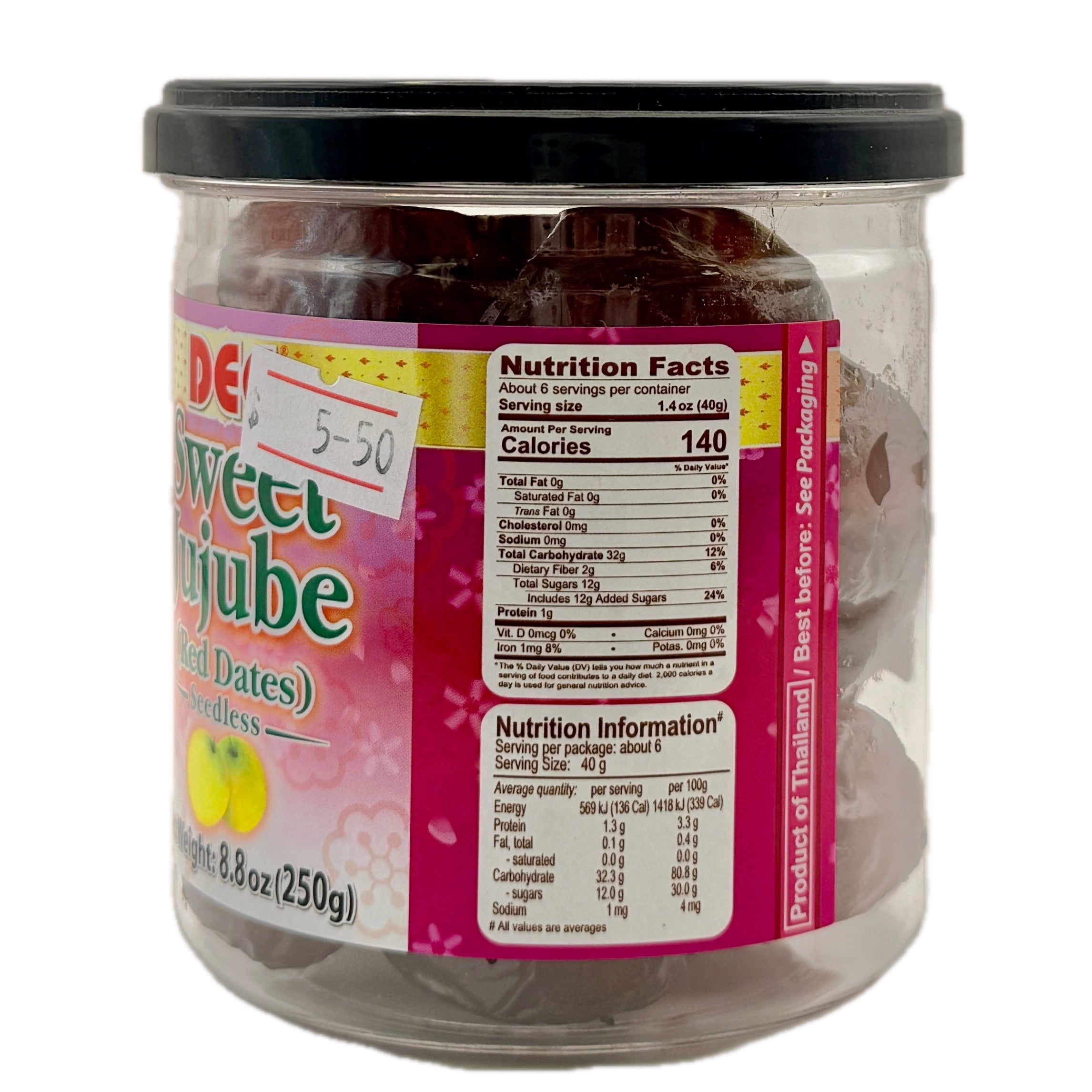 DEE Sweet Jujube Red Dates nutrition facts panel