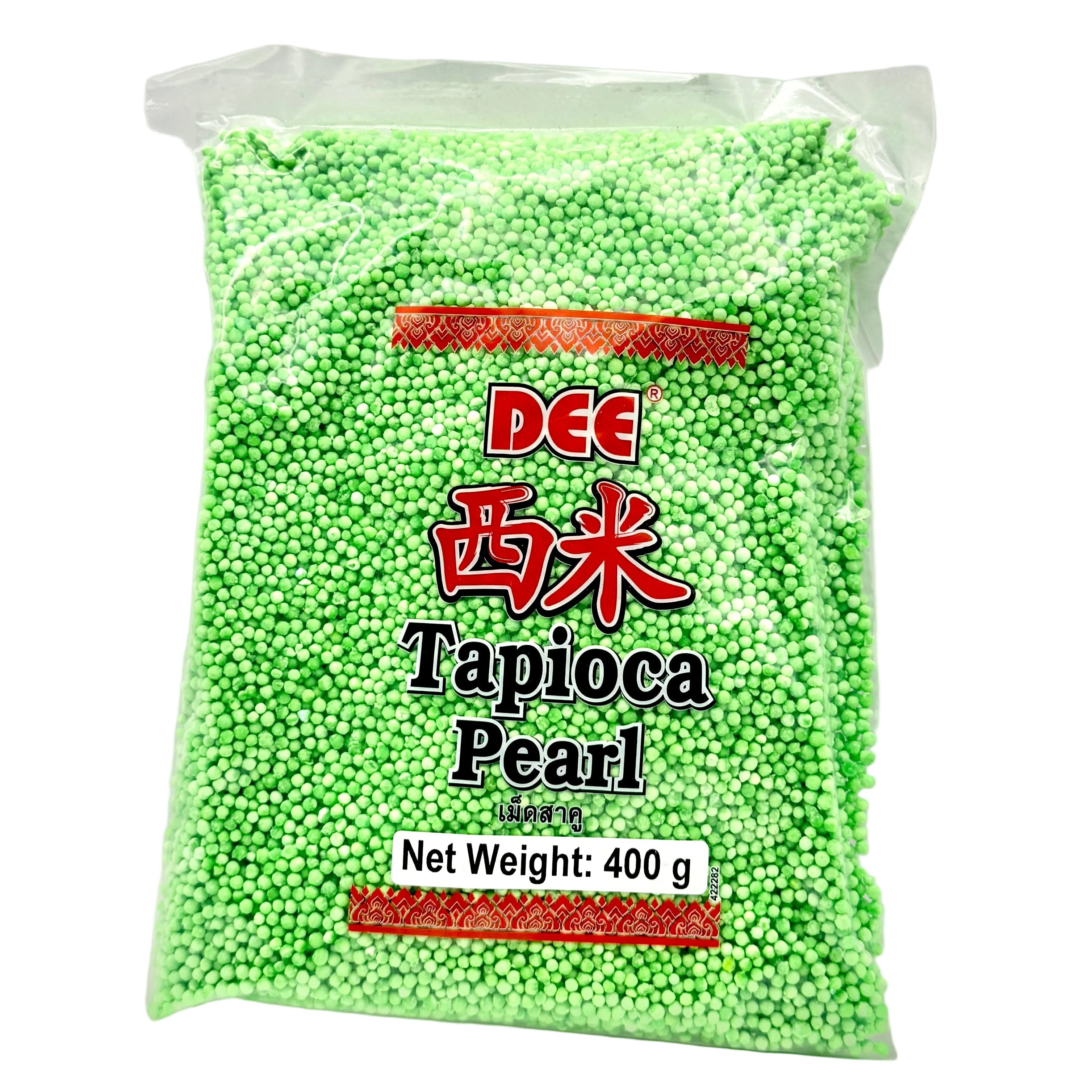 Packaged green tapioca pearls with 'DEE' branding on a white background
