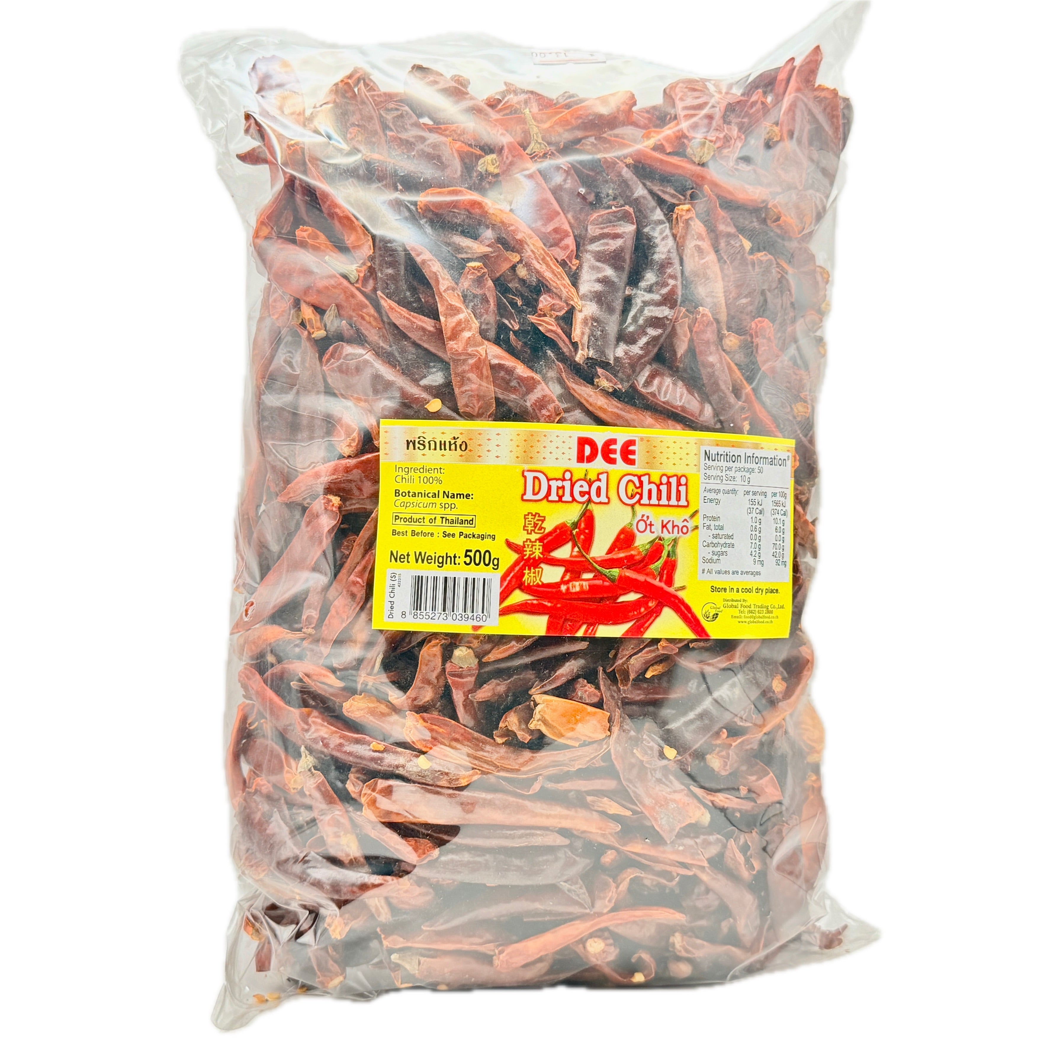 DEE brand dried red chilli 500g bag with yellow label on white background