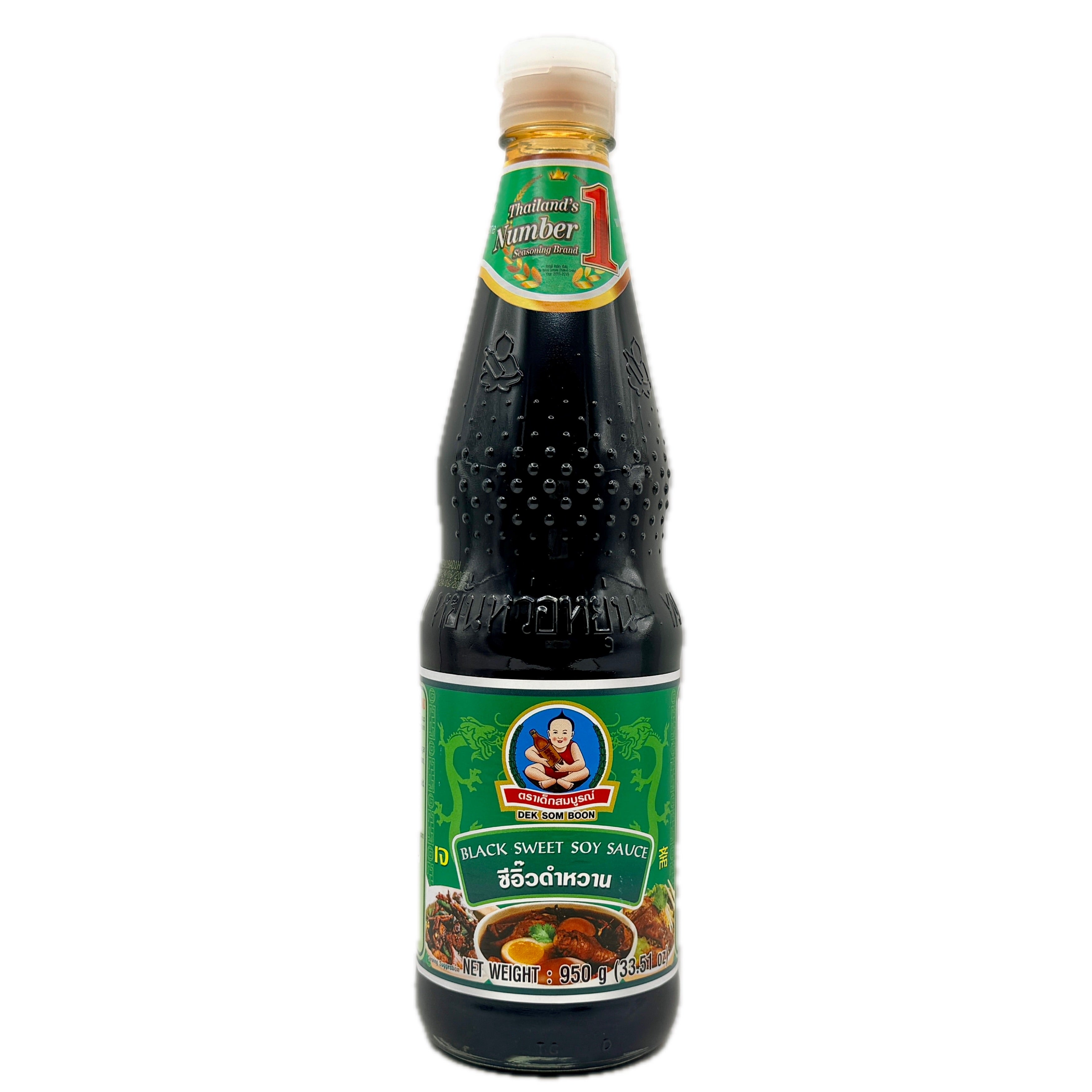 Dek Som Boon Black Sweet Soy Sauce 950g green label glass bottle front